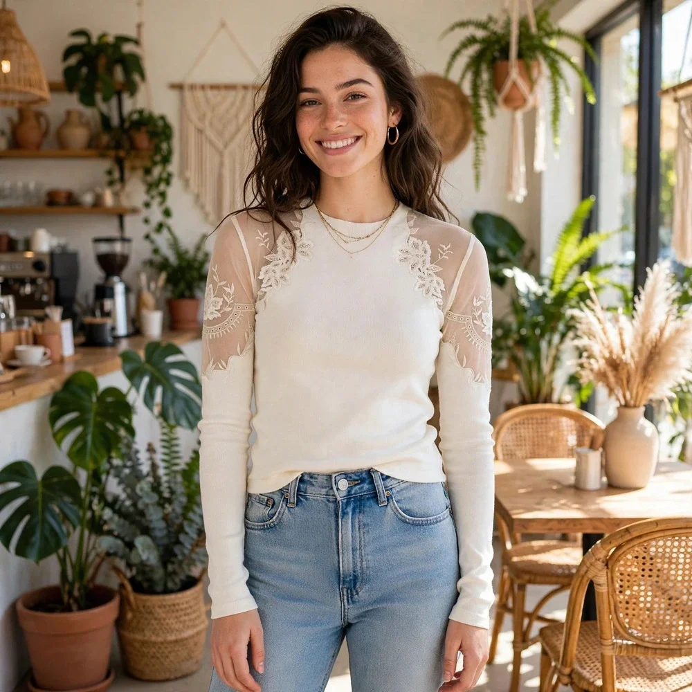 Free People Cream Ribbed Knit Embroidered Mesh Lace Long Sleeve Top XS